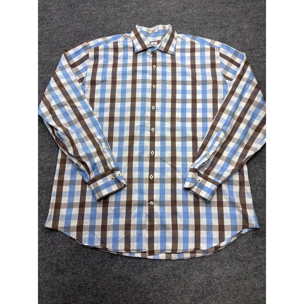 Peter Millar Weekender Wash Plaid Button Down Shirt Mens XL Blue Brown Cotton